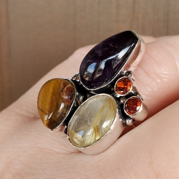 New Amethyst, Golden Rutile, Tiger Eye and Garnet 925 Silver Ring. - Picture 5 of 15